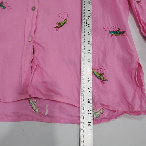 Casey Coleman Shirt Womens Medium Pink Linen Grasshopper Embroidered - Picture 6 of 8